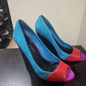 Jessica Simpson Vibrant Blue and Red Wedges